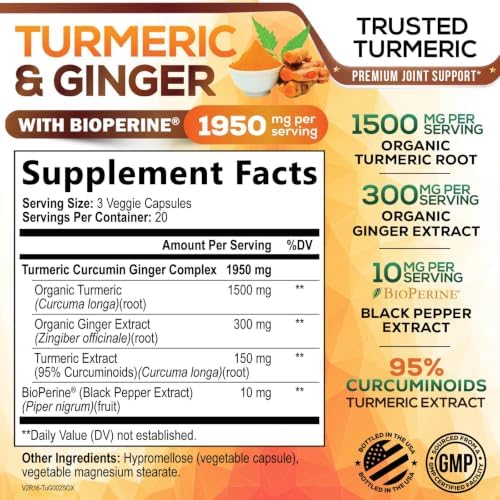 Turmeric Curcumin Supplement - 95% Curcuminoids with Organic Turmeric & Ginger, BioPerine Black Pepper Extract for Best Absorption, Natural Vegan Joint Support, Non-GMO, Bottled in USA - 60 Capsules - Image 2