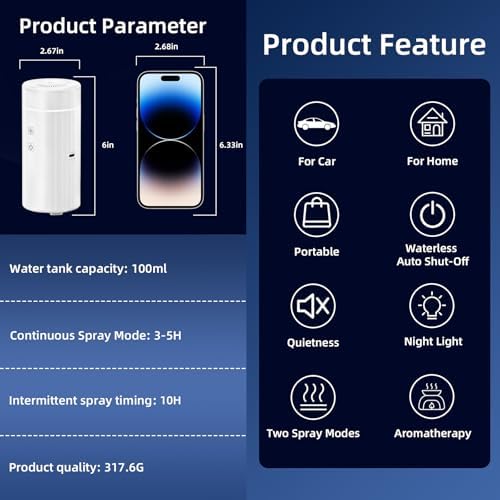 SEEDSEEL 100ML Car Essential Oil Diffuser, Rechargeable Battery Powered, Cordless Portable Diffuser with 7 LED Color Changing Lights for Travel (White) - Image 4