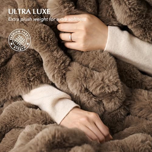 EverGrace Faux Rabbit Fur Bubble Throw Blanket, 90"x90", Natural Tan - Image 3