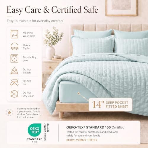 CozyLux Queen Comforter Set, 7 Pieces Ice Blue Seersucker Bed in a Bag - Image 5