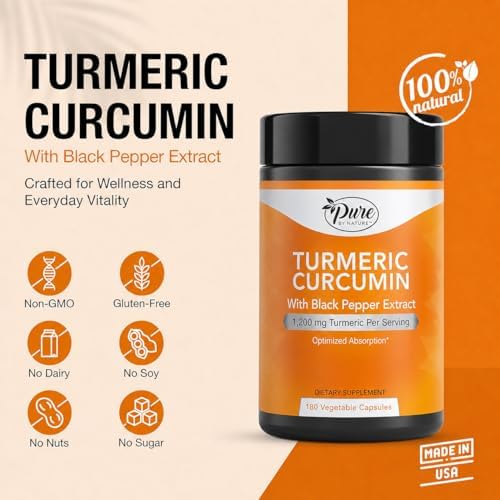 Pure By Nature 1200mg Turmeric Curcumin with Black Pepper Extract for Absorption, Antioxidant Property for Joint & Inflammation Support, 180 Capsules - Image 2