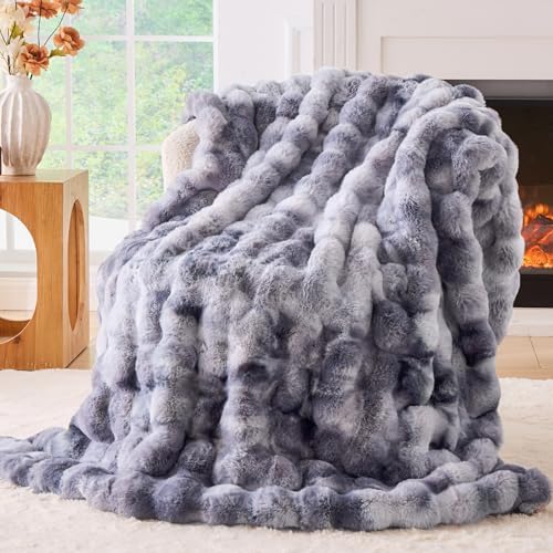 BENVWE Fluffy Faux Fur Throw Blanket for Couch - Soft, Plush, Thick, Cozy, Fuzzy Luxury Bubble Blanket for Home Living Room Decor, Gifts for Women, Tie-dye Light Grey, 51" x 63", 1100GSM by BENVWE