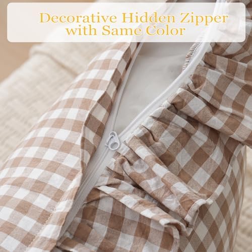2 Pack Taupe/Brown Plaid Ruffle Throw Pillow Covers Farmhouse 20"x20" Brown - Image 4