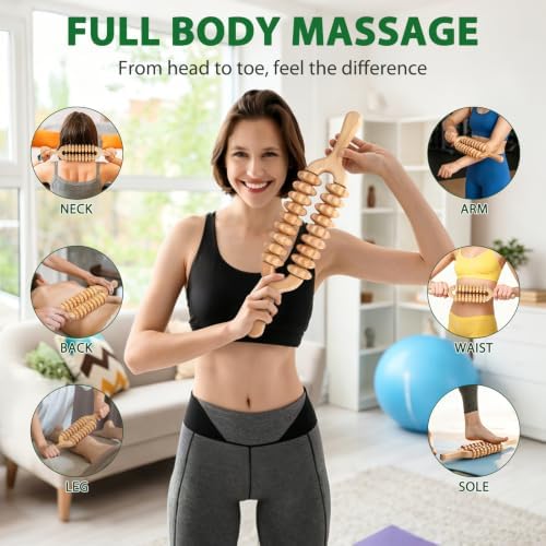 Liitrton Manual Wooden Massage Roller Stick for Muscle Relief, 18-Wheel - Image 3