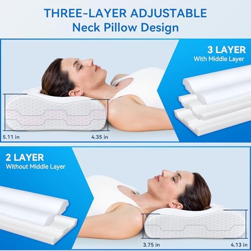 Cervical Neck Pillow King Size - Cooling Adjustable Sandwich Dynamic Memory Foam Pillows for Sleeping, Contour Pillow Ergonomic Orthopedic for Side, Back & Stomach Sleepers Soft, White - Image 4