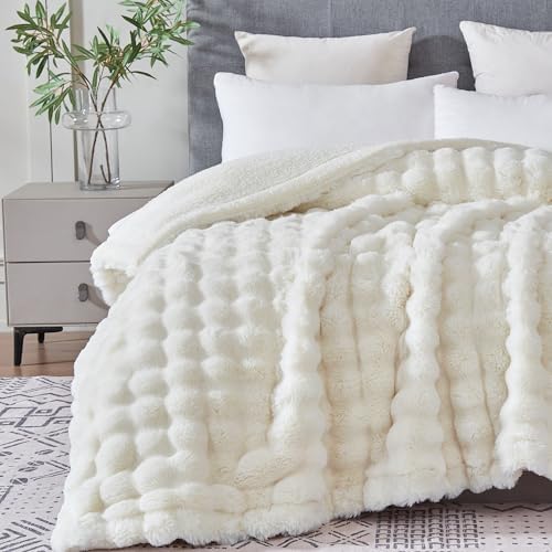 50x60 Inches Ultra-Soft Fuzzy Faux Fur Plush Throw Blanket - Thick, Warm Sherpa for Couch, Sofa, Bedroom, Camping - Decorative Blanket for Cozy Warmth, Bubble Ivory White - Image 2