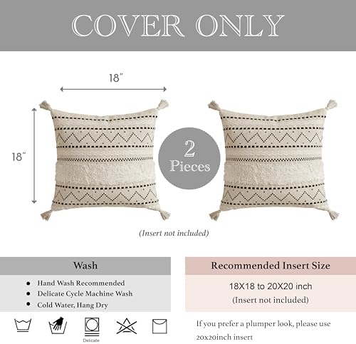 BlissBlush Decorative Throw Pillow Covers 18x18 Combo Set of 2 Square Boho Black Neutral Accent Pillowcase Tassels Farmhouse Cushion for Couch Sofa Bedroom Living Room Home Décor Cover ONLY - Image 5