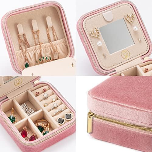 Plush Velvet Travel Jewelry Case, Travel Jewelry Organizer, Jewelry Travel Case, Travel Jewelry Box, Small Jewelry Case for Women,Jewelry Travel Box, Earring Organizer with Mirror - 4Color-4packs - Image 7