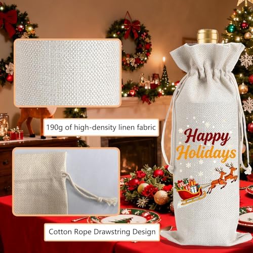 Julont 1Pcs Happy Holidays Wine Bags Christmas Gift Bag, Wine Bottle Bags Merry Xmas Bottle Covers for Merry Christmas,Holiday Party,Birthday,Storage with 1Pcs Kraft Blessing Cards and natural jute rope - Image 3