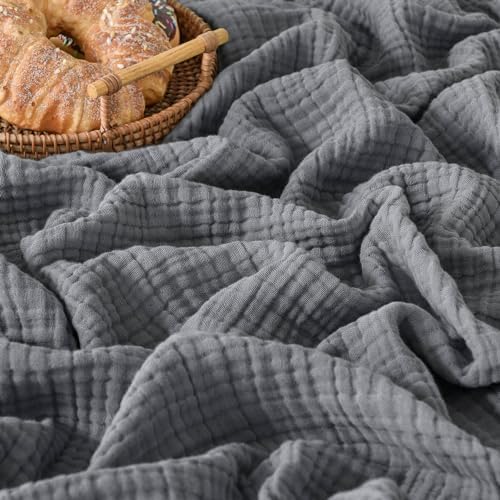 Esterra Queen Size Cozy Soft Lightweight Pre-Washed Cotton Blanket, All Season Breathable 4-Layer Gauze Blanket Throw for Couch Bed, Dark Gray, 90x90 Inches by Esterra