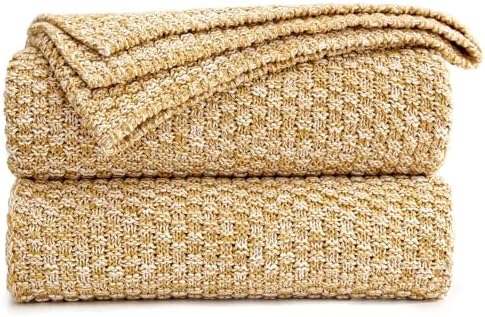 Longhui bedding 100% Cotton Knitted Throw Blanket – Mustard Yellow, Soft & Cozy, Machine Washable, 51"x63" – Perfect for Living Room, Couch, Sofa, Bed or Travel by LongHuiBedding