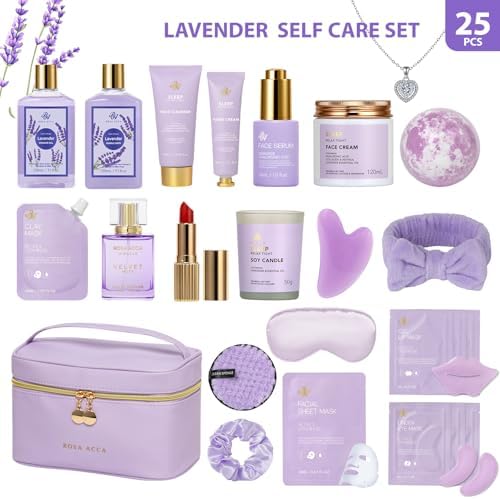 25 Pcs Mother's Day Gift, Lavender Bath & Body Gift Basket Set for Women, Hydrating Skin Care Set, Self Care Home Spa Gifts, Cosmetic Bag, Necklace, Christmas, Birthday, Anniversary, Wife - Image 2