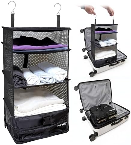 Grand Fusion Stow-N-Go Hanging Travel Shelves, Packing Organizer for Luggage. Carry on Closet for Suitcase. Expandable Packing Cube. Travel Essentials. (Black - L, L = (L) 11.8" x (W) 11.8") by GrandFusion
