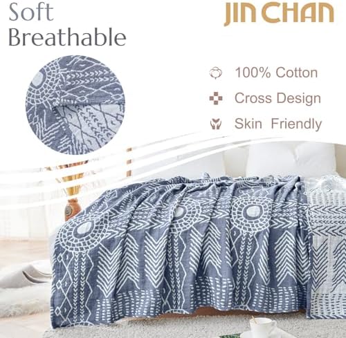 jinchan 100% Cotton Muslin Blanket Twin Boho Throw Blanket 60x80 Blue Gray - Image 2