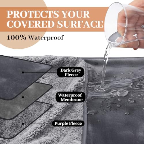Tisancy King Size Waterproof Blanket for Bed Couch, Gray 82'' x 82'' Double Side Leakproof Reversible Sherpa Flannel Fleece 3-Layer Lightweight Blanket, Absorbs 80oz, Machine Washable - Image 3