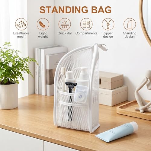 Standing Toiletry Bag,Portable Foldable Hanging Travel Organizer with Zipper and Loop,Mesh Large Capacity Cosmetic Waterproof Bag for Bathroom,Suitcase Packing,Toiletries,Makeup,Skincare (1PC,White) - Image 3