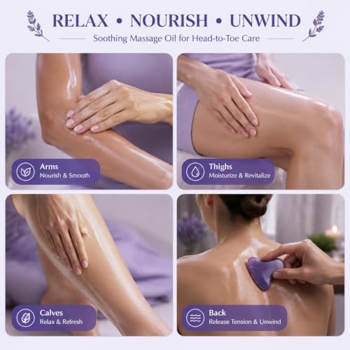 Lavender Massage Oil Gift Set for Massage Therapy - Relaxing Body Massage Oil with Botanical Oils, Includes 2 Bath Salts & 2 Aromatherapy Candles for Home Spa - Image 7