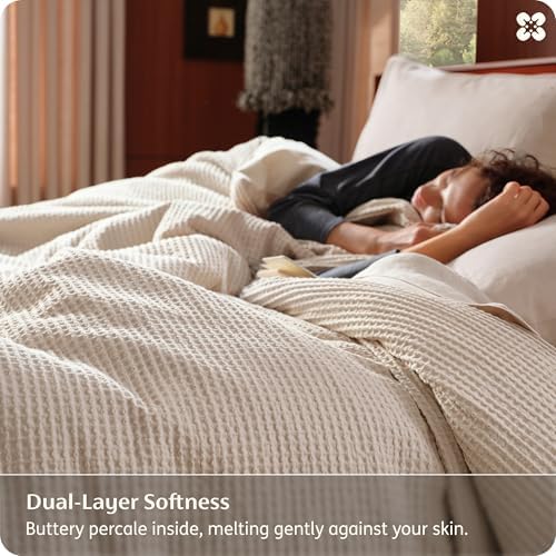Bedsure PureWoven Cotton Waffle Weave Duvet Cover, Beige, Duvet Cover Only - Image 4