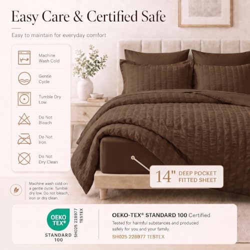 CozyLux Oversized King Comforter Set 120x98 in, 7-Piece Brown Seersucker - Image 5