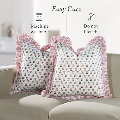CPC Rosette Bloom Hand Block Print 100% Cotton Ruffle Throw Pillow Cover 18x18 inch with Hidden Zipper Decorative for Couch, Bed, Sofa, Farmhouse, Cottagecore Decor Gift Christmas Fall Thanksgiving - Image 6