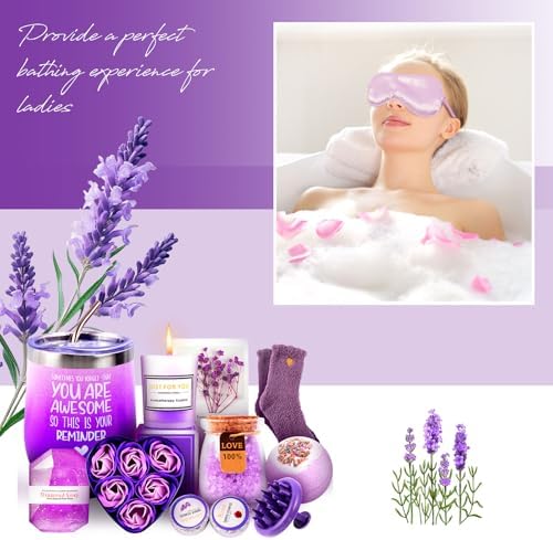 12 Piece Spa Gifts Set for Women, Self Care Gift Basket for Mom Wife Her, Relaxing Gifts with Eye Mask, Water Bottle, Bath Bombs, Aromatherapy for Valentines Day, Birthday, Christmas (Lavender) - Image 7