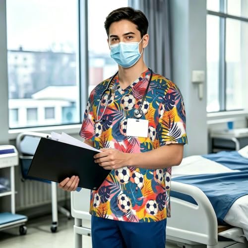 Men's Scrub Top,V-Neck Spill Wrinkle Resistant,3 Pockets-Tropical Palm Leaf Football (1) - Image 3