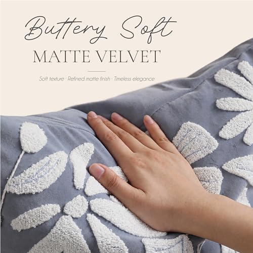 BlissBlush Decorative Lumbar Pillow Cover 12x20, Coastal Dusty Blue Accent Velvet Throw Pillowcase for Couch Sofa Living Room, Floral Tufted Rectangular Cushion, Cover Only - Image 4