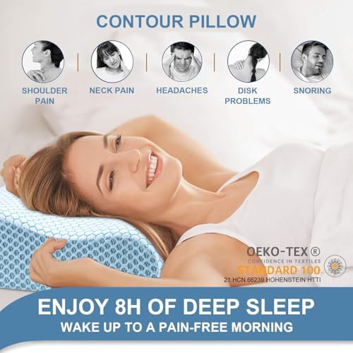 Anvo Memory Foam Pillow, Neck Contour Cervical Orthopedic Bed Pillow for Sleeping Side Back Stomach Sleeper, Ergonomic Design for Neck and Shoulder Pain Relief, Cyan, Firm - Image 4