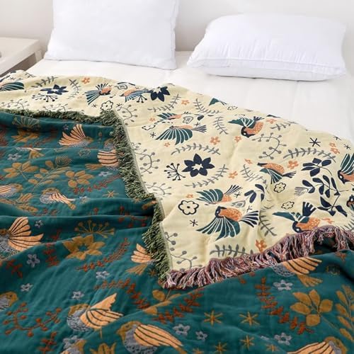 100% Muslin Cotton Throw Blanket for Couch Bed Adults Kids, Boho Floral Bird Retro Fringed Quilt Ultra Soft Reversible Gauze Blanket for All Season (Blue,90"x98") - Image 2