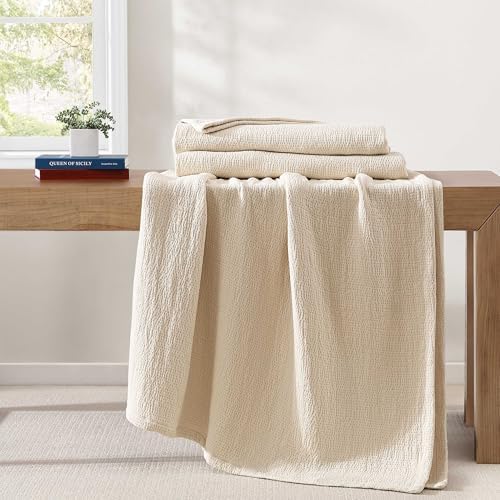Tommy Hilfiger - Queen Cotton Blanket, Woven Running Stitched Bedding, Medium Weight Soft Blanket, Anti-Pilling & Fade Resistant, Ideal for Layering, Oeko-TEX Certified (Beige) - Image 3