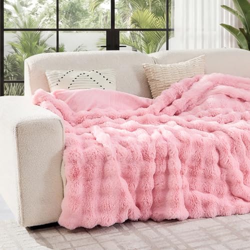Lotus Karen Faux Fur Throw Blanket Pink - Big Bubble Rabbit Fluff Blanket for Couch, Sall Fluffy Fuzzy Cozy Blanket,Thick Furry Plush Shaggy Blankets,60x80 Inches - Image 2