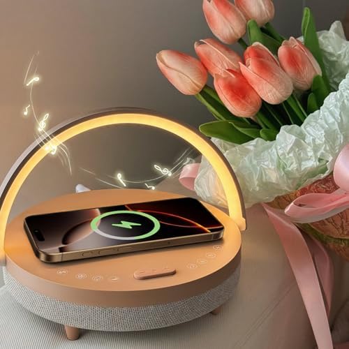 Vivilumens Birthday Gifts for Women 6 in 1 Bedside Lamps with Wireless Charger Bluetooth Speaker White Noise Machine Music Table Lamp Night Light Personalized Gift for Mom Teens Girls(Sound Upgrade by LightUpExquisiteLife