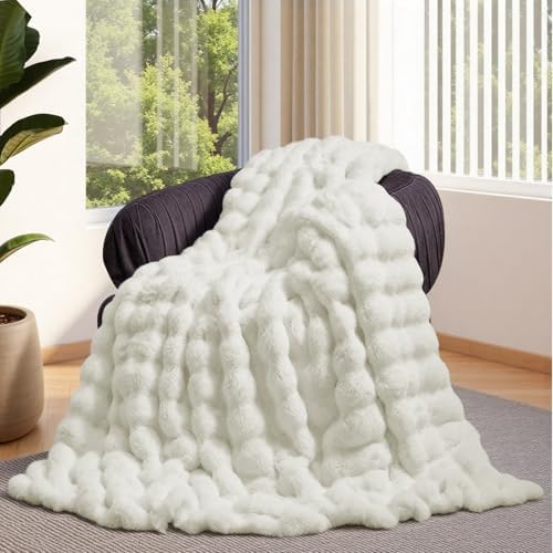 Lotus Karen Faux Fur Throw Blanket Cream White - Big Bubble Rabbit Fluff Blanket for Couch, Small Fluffy Fuzzy Cozy Blanket, Thick Furry Plush Shaggy Blankets, 50x60 Inches by LotusKaren