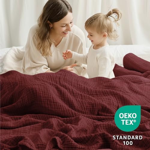 100% Cotton Muslin Blanket Twin 60" x 80", Breathable and Lightweight Cotton Twin Blankets for Couch, Soft Cooling Summer Gauze Blanket for Adults All Season, Burgundy - Image 4