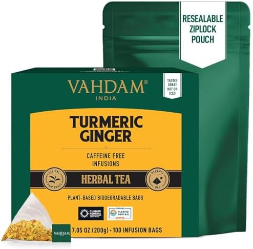 VAHDAM Organic Turmeric Ginger Herbal Tea Bags (100 Pyramid Tea Bags) Caffeine Free, Non GMO | 100% Pure Herbal Blend - Savory & Spicy, Plant-Based Teabags | Resealable Ziplock Pouch (Pack of 2) - Image 3