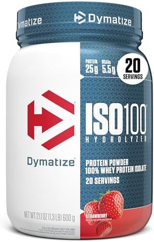 Dymatize ISO100 Whey Protein Powder Isolate, Strawberry, 25g of Protein, 5.5g BCAAs, Less Than 120 Cal., Gluten Free, 1g Fat, 1g Sugar, 2g Carb (20 Servings) by DymatizeNutrition