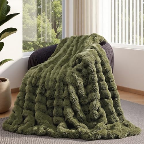 Lotus Karen Faux Fur Throw Blanket Dark Green - 800 GSM Bubble Rabbit Fluff Blanket for Couch Bed Sofa,Softest Fluffy Fuzzy Cozy Blanket,Thick Furry Plush Shaggy Warm Blankets for Women,50x60 Inches by LotusKaren