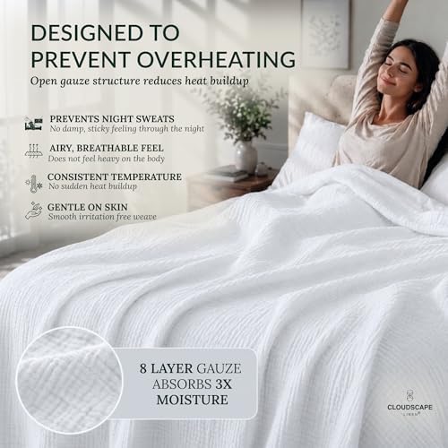CLOUDSCAPE 8 Layer Muslin Blankets for Adults, King Size 92"x108" - White - Image 4