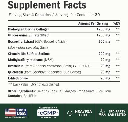 Glucosamine Chondroitin with 1200mg Hydrolyzed Collagen Peptides, Boswellia Extract, Quercetin, Bromelain, MSM – Hair Skin Nails and Joint Supplement for Women & Men – FSA Eligible 120 Capsules - Image 2