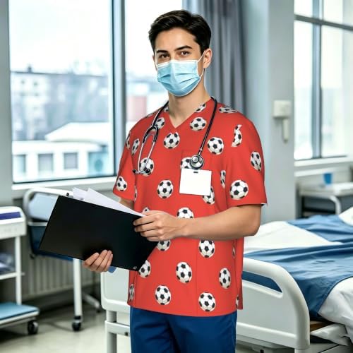 Men's Scrub Top,V-Neck Spill Wrinkle Resistant,3 Pockets-Soccer Ball (1) - Image 3