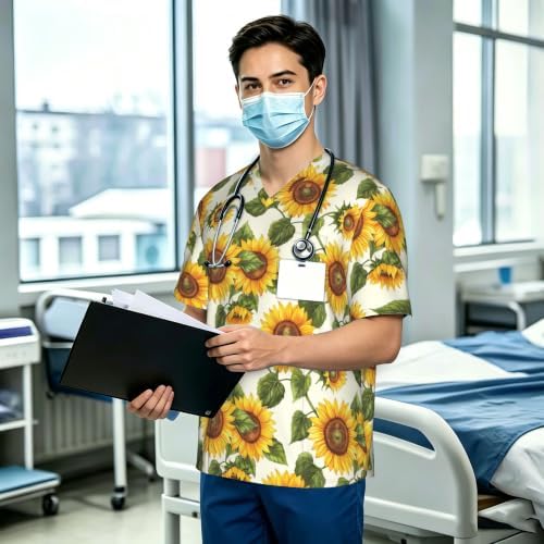 Men's Scrub Top,V-Neck Spill Wrinkle Resistant,3 Pockets-Sunflower (9) - Image 3
