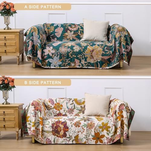 VANJOROY King Boho Throw Blanket for Bed, 100% Cotton Muslin Soft Throw-Floral Farmhouse Rustic Decor Blanket for Couch Sofa Quilt and Gift, 91" x 98"-BeigeWhite - Image 4