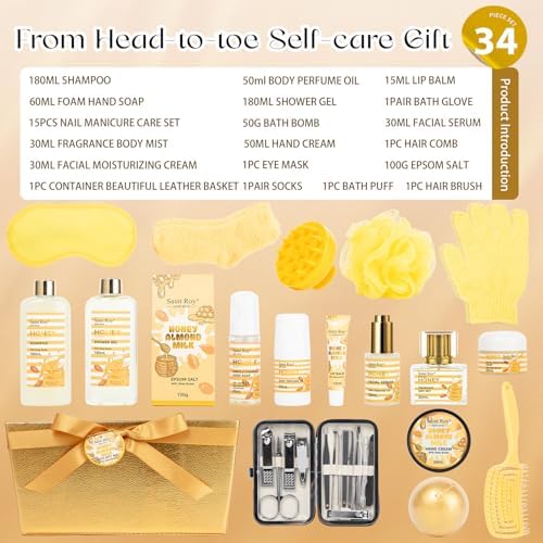 34Pcs Spa Gift Set for Women Men, Honey Almond Milk Bath & Body Gift Basket - Image 2