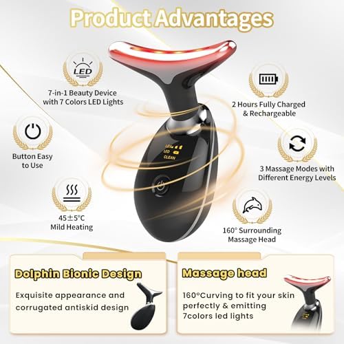 Portable Face Beauty Device, 7 Color Portable Face Massager Tool for Skin Care, Based on Triple Action LED, Thermal, and Vibration Technologies, at Home Skin Care Face Sculpting Tool(Glossy Black) - Image 2
