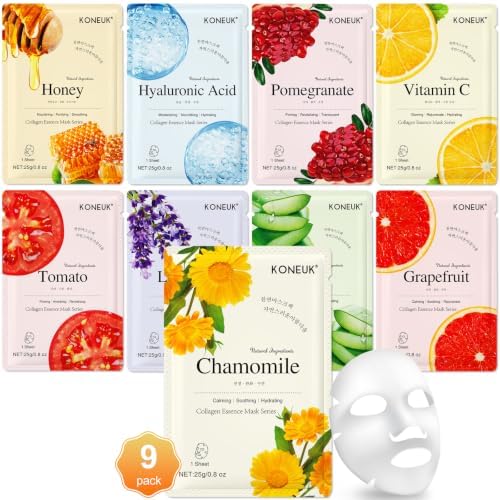 9 Pack Collagen Face Masks Skincare for Women, Hydrating Sheet Face Masks by KONEUK