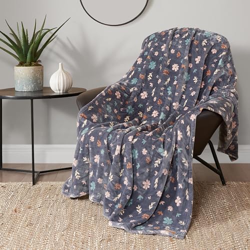 Lucky Brand Luxurious Fuzzy Blanket for Sofa or Bed, Tossed Blooms Plush Throw Blanket, 50" x 70", Gray Floral by LuckyBrand