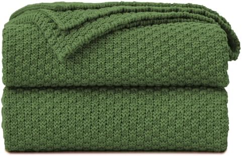 Longhui bedding 100% Cotton Knitted Throw Blanket – Olive Green, Soft & Cozy, Machine Washable, 60"x80" – Perfect for Living Room, Couch, Sofa, Bed or Travel by LongHuiBedding