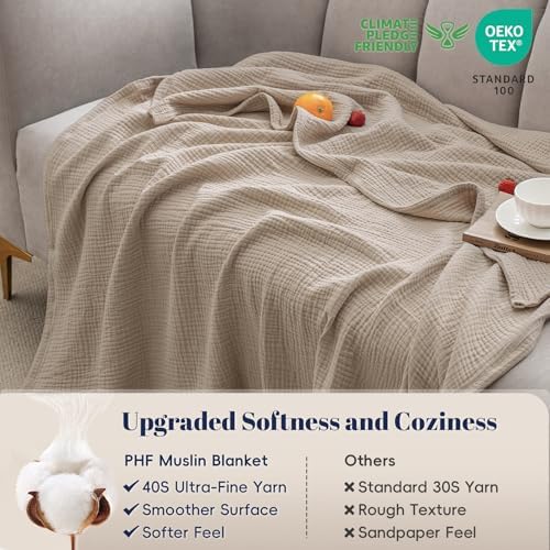 PHF 100% Cotton Muslin Throw Blanket 50" x 60", 4-Layer Lightweight Gauze Throw, Breathable Cloud-Soft Minimalist Blanket for Bed, Couch, Camping, Taupe, Ideal Gift - Image 4