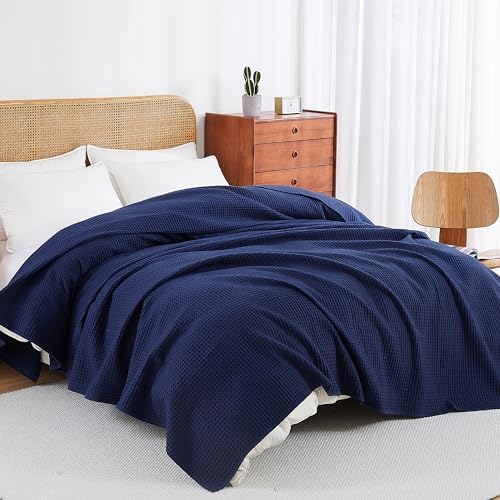 100% Egyptian Cotton Waffle Weave Throw Blanket for Bed Couch Sofa Home Decor, Soft Lightweight Bed & Couch Blanket for All Seasons (Navy Blue - Queen Size - 90 * 90") - Image 2
