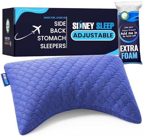 Sidney Sleep Mini Travel Size Neck Pillow - Knee, Back Lumbar and Support - Small Curved Pillow - Adjustable Fill - Washable Case - Drawstring Backpack Included - 14 x 19 Inches (Mini - Blue) by SidneySleep